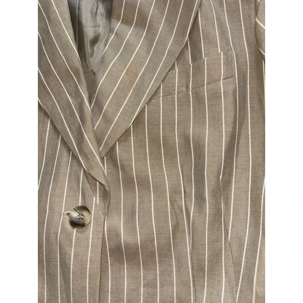 Talbots Petites 12P Beige Pinstripe Rayon Linen Lined Notch Lapel Blazer